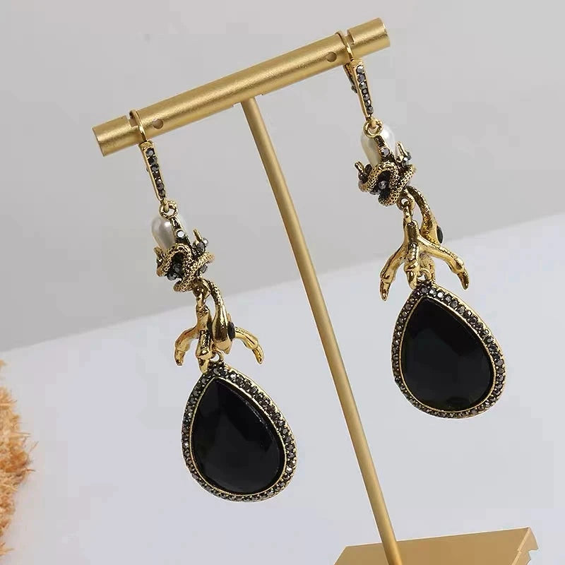 Gothic Retro Eagle Claw Black Onyx Teardrop Dangle Earrings Wrapped Snake & Faux Pearl Design Anti-Tarnish Stainless Steel Long Drop Party Earrings