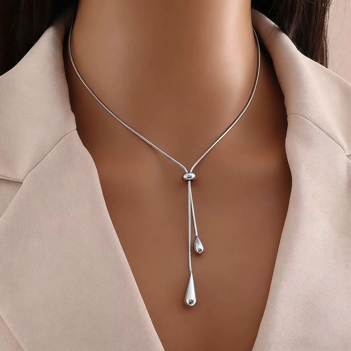 Gold Teardrop Tassel Jewelry Set, Adjustable Lariat Necklace & Long Drop Earrings Hypoallergenic Stainless Steel