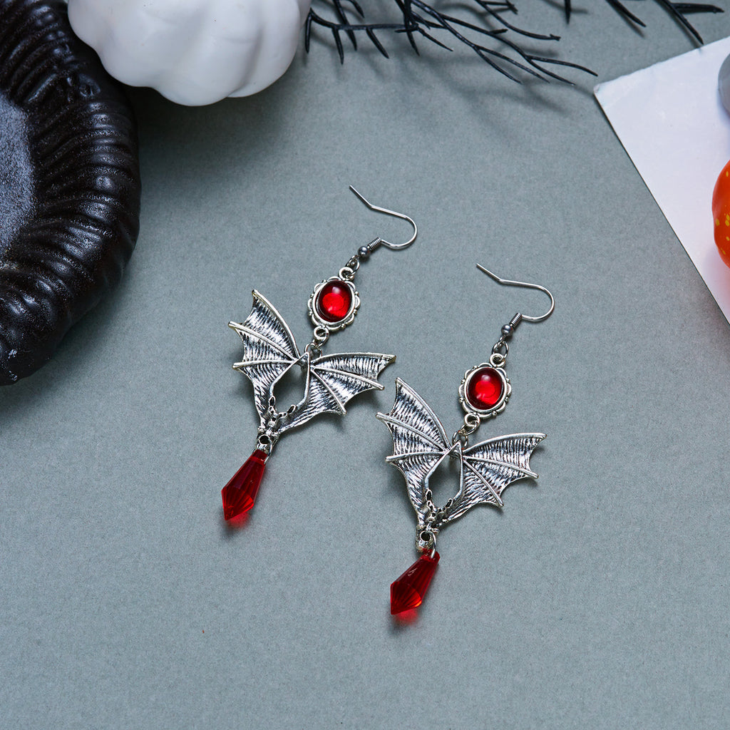 Vintage Gothic Bat Wing Jewelry Set, Halloween Crystal Pendant Necklace & Dangle Earrings Set Dark Punk Demon Wing Matching Jewelry For Women