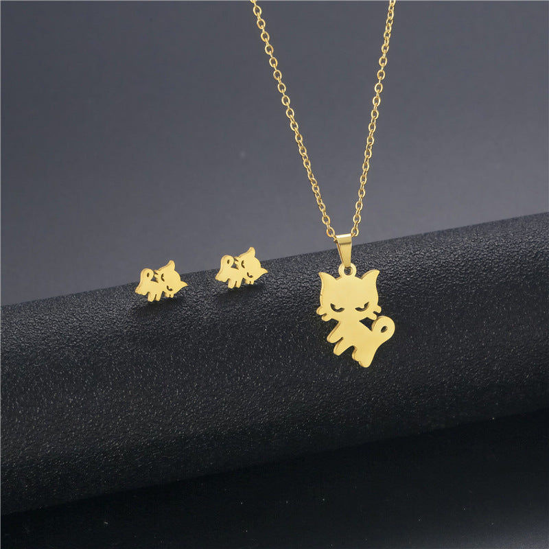 Cute Cartoon Cat Pendant Necklace Stud Earring Set Stainless Steel Gold Silver Pet Lover Jewelry Gift