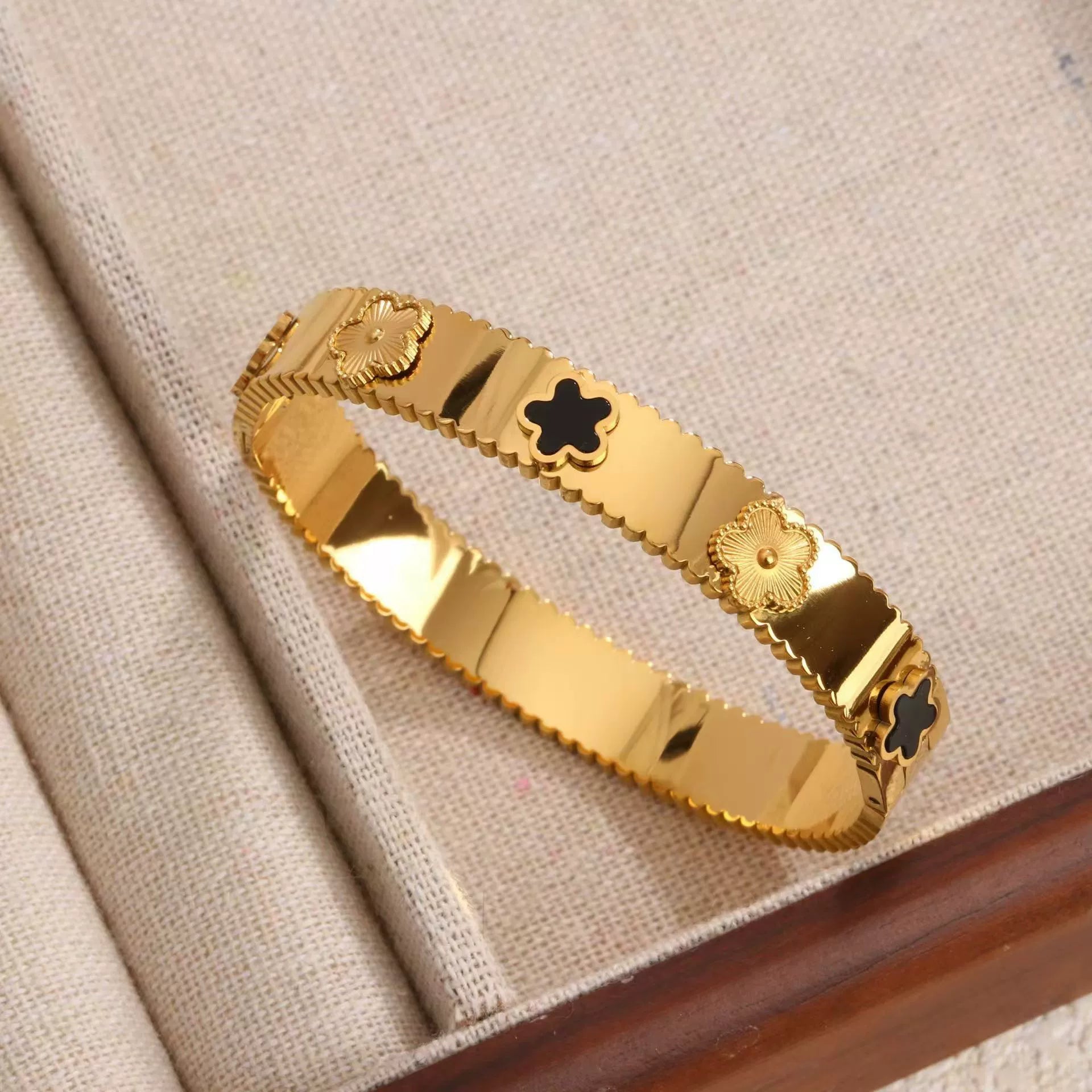 18K Gold Plated Stainless Steel Clover Bangle Bracelet, Tarnish Resistant Enamel Five Leaf Flower Hinged Bangle Stackable Jewelry For Women