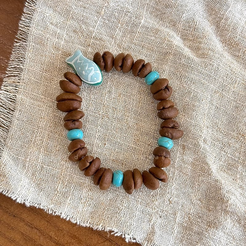 Handmade Real Coffee Bean Beaded Bracelet for Women, Cute Cartoon Dog & Fish Charm Natural Coffee Seed Stretch Bracelet Casual Coffee Lover Wrist Jewelry