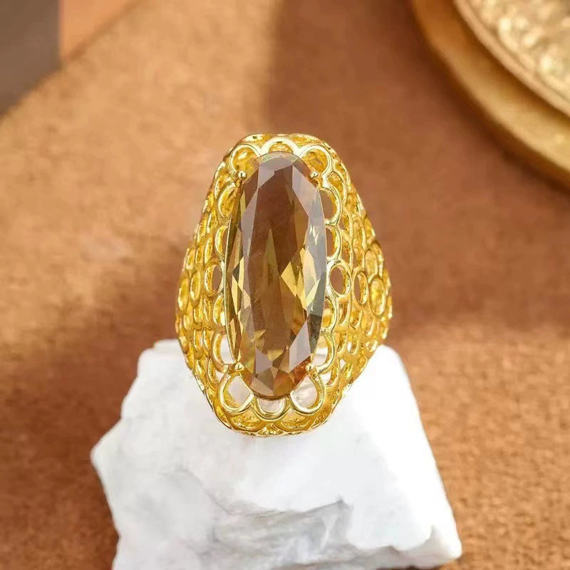 Vintage Hollow Honeycomb Mesh Oval Citrine Crystal Open Adjustable Ring Gold Plated Retro Antique Wide Band Statement Cocktail Ring For Women