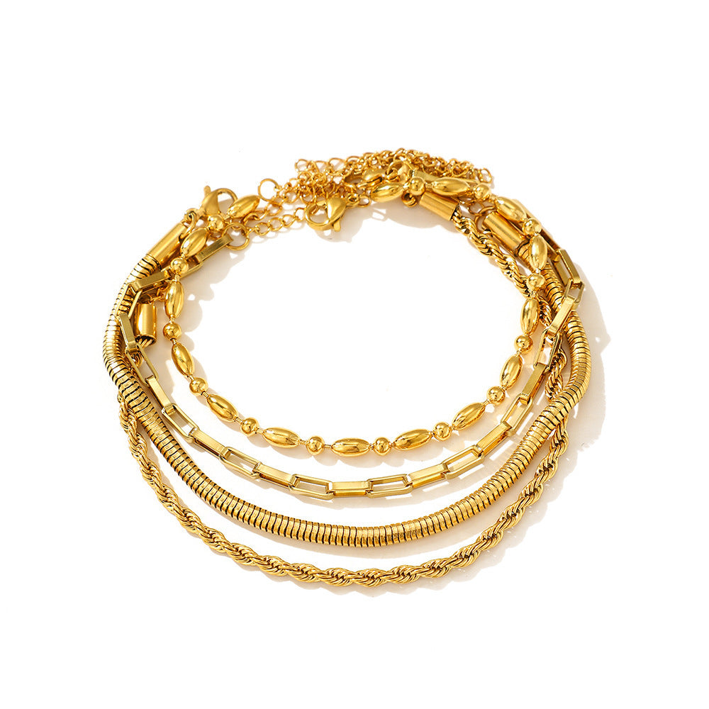 4-Layer Mixed Chain Bracelet, Hypoallergenic Titanium Steel Twist Snake Bead Stackable Bangle
