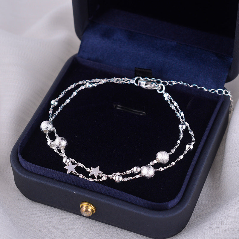 S925 Sterling Silver Double Layer Star Bracelet, Dainty Two-Strand Wrist Chain with Matte Frosted Silver Beads & Tiny Five-Pointed Star Charms Adjustable Extension Chain Minimalist Jewelry Gift for Women