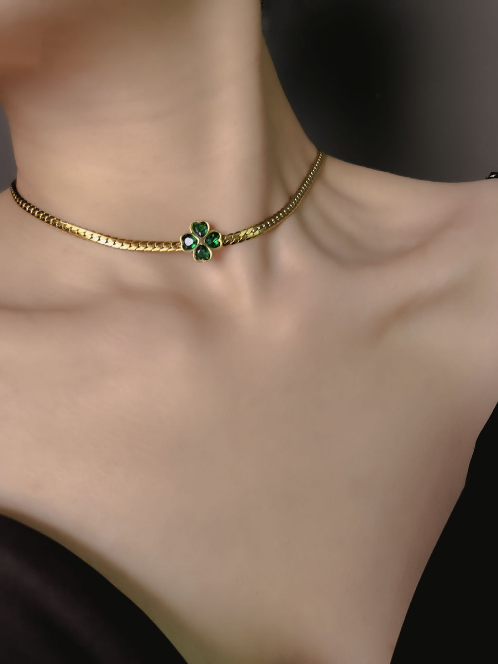 18K Gold Plated Stainless Steel Four Leaf Clover Jewelry Set, Tarnish Resistant Heart Emerald Zircon Cuban Chain Necklace Bracelet Hoop Earrings Set For Women