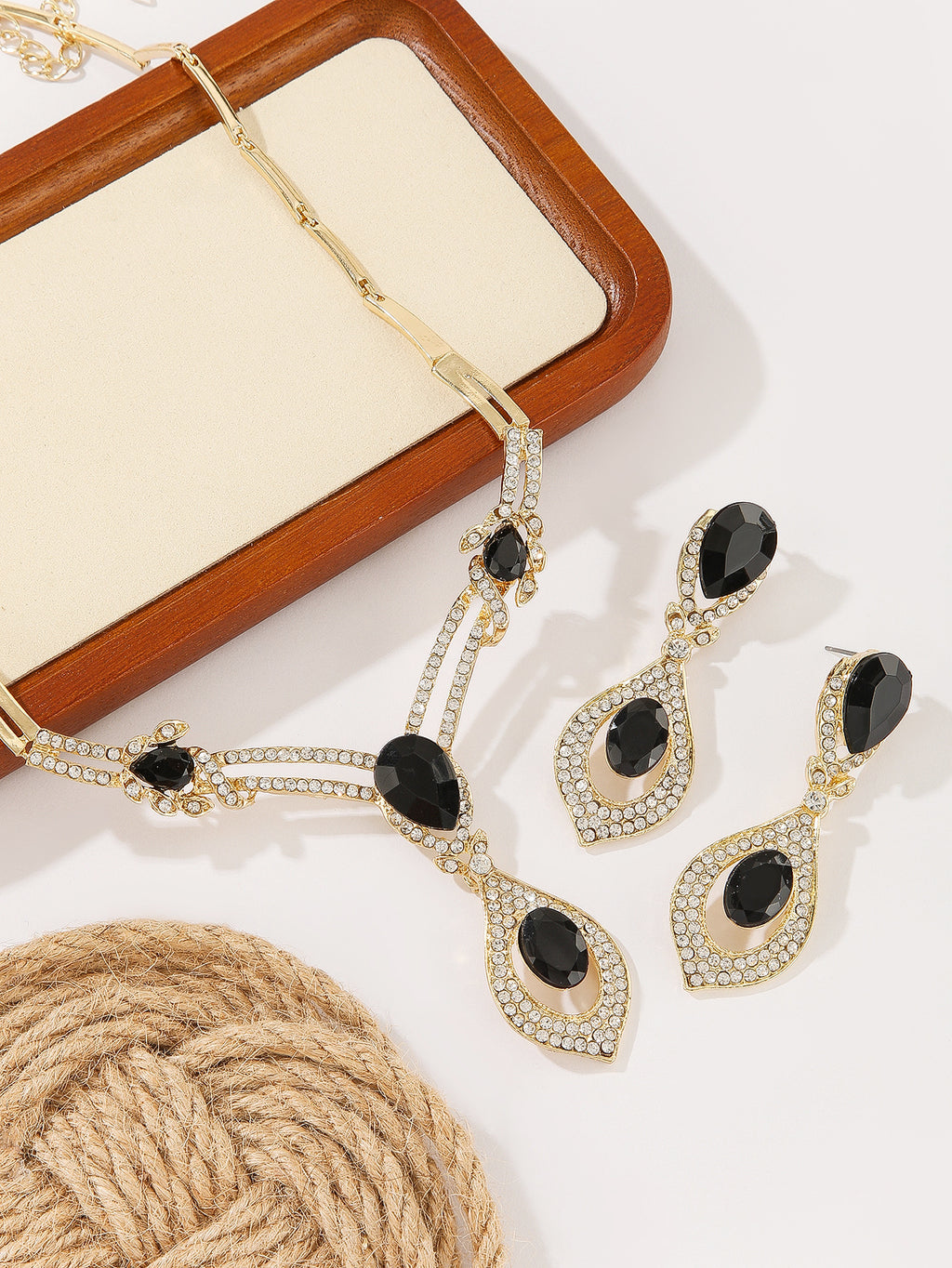 Teardrop Black Crystal Rhinestone Y Drop Necklace & Dangle Earring Set