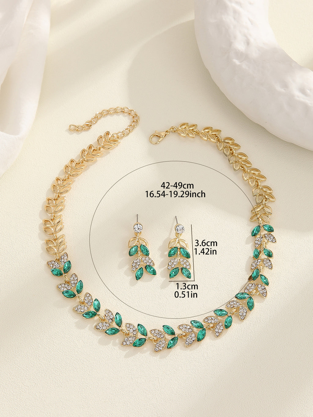 Parure de bijoux en cristal feuille d'émeraude, collier et boucles d'oreilles plaqué or, anti-allergique, ajustable pour mariage, fête ou usage quotidien