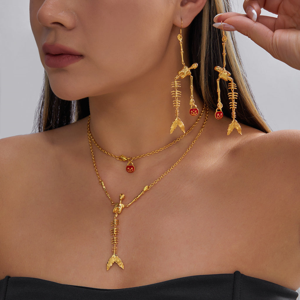 Halloween Golden Skeleton Mermaid Jewelry Set, Skull Mermaid Skeleton Necklace & Dangle Earrings, Pumpkin Smile Face Gothic Mermaid Bone Jewelry, Spooky Halloween Costume Accessory for Women