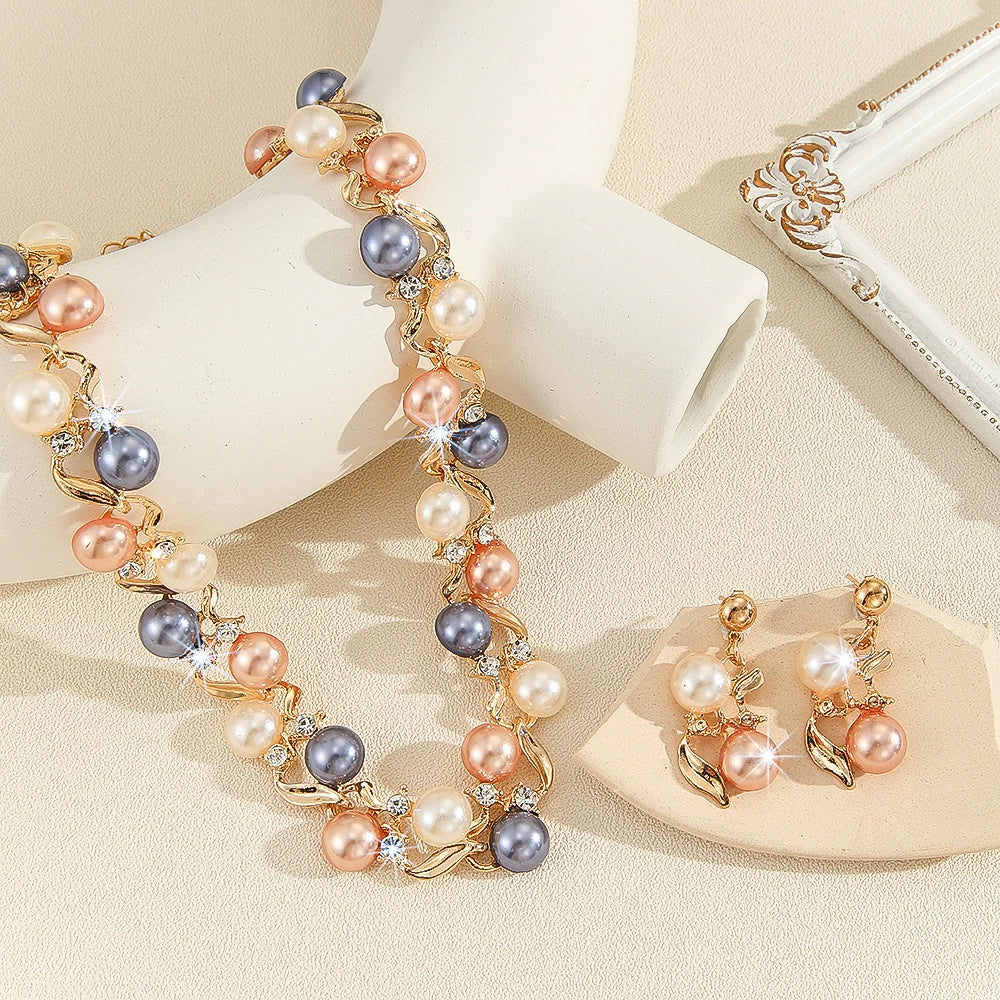 Multicolor Faux Pearl Crystal Jewelry Set, Leaf Shape Silver/Gold Plated Choker Necklace & Drop Earrings Hypoallergenic Formal Jewelry
