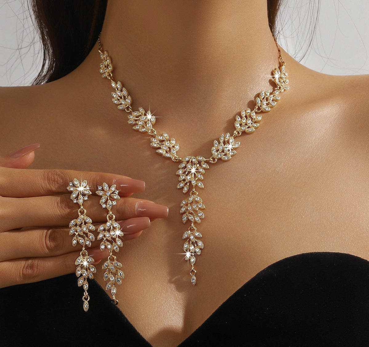 Parure de bijoux en zircon cubique en forme de feuille | Collier et boucles d'oreilles pendantes, hypoallergénique 3 couleurs