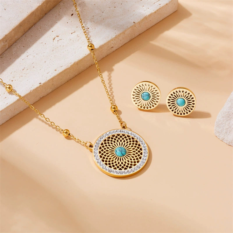 Stainless Steel Turquoise Crystal 2Pcs Jewellery Set, Hollow Floral Round Pendant Necklace & Stud Earrings, Tarnish Resistant 18K Gold Plated Boho Gemstone Set For Women