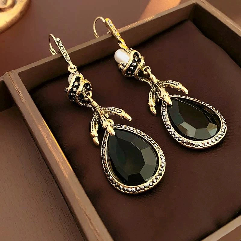 Gothic Retro Eagle Claw Black Onyx Teardrop Dangle Earrings Wrapped Snake & Faux Pearl Design Anti-Tarnish Stainless Steel Long Drop Party Earrings