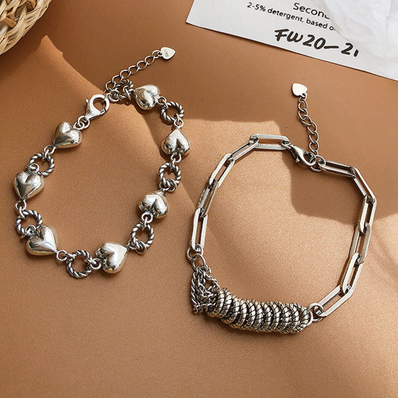 2 Styles S925 Sterling Silver Vintage Bracelet Set, Polished Heart Twisted Link Chain & Textured Coil Tassel Rectangular Paperclip Wrist Chain Adjustable Extension Jewelry for Women