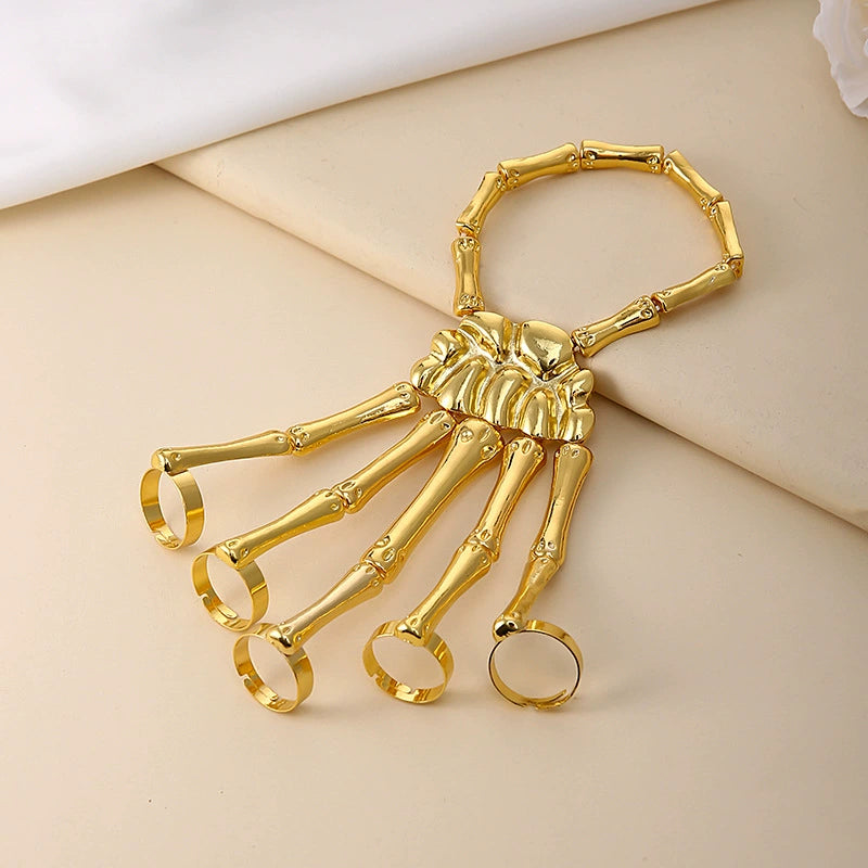 Gothic Punk Skeleton Hand Bone Finger Rings Bracelet, Adjustable Skull Hand Slave Bracelet, Halloween Cosplay Accessory