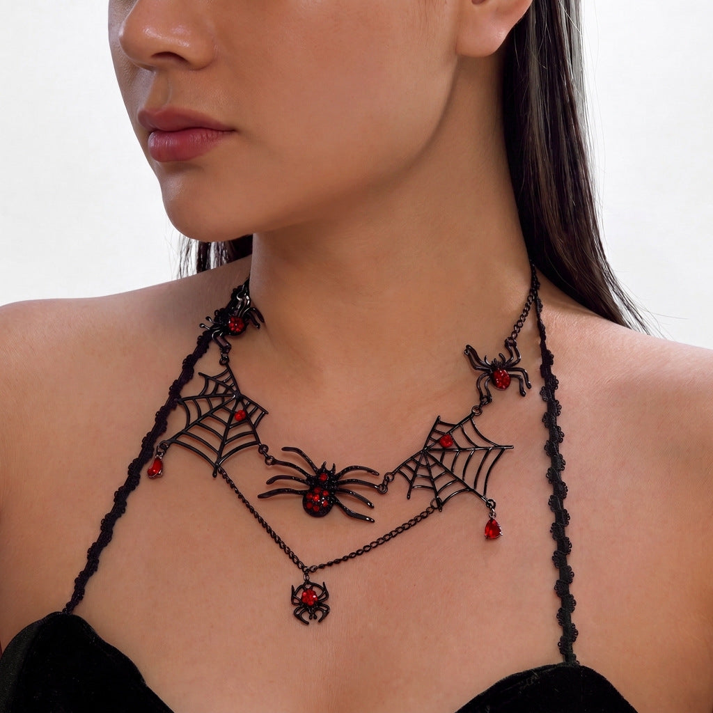 Black Spider Web Red Rhinestone Jewelry Set, Gothic Spider Choker Necklace & Dangle Earrings Halloween Punk Statement Jewelry Set For Women