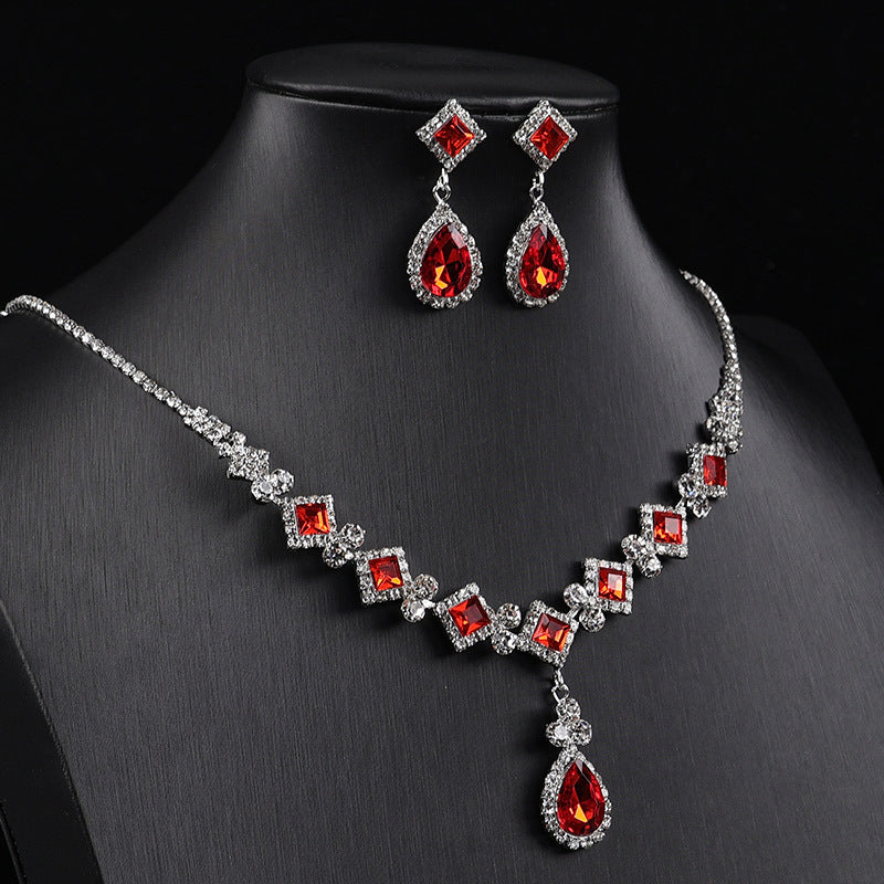 Teardrop Crystal Rhinestone Jewelry Set, Square Cut Gem Necklace & Drop Earrings Wedding Formal Jewelry