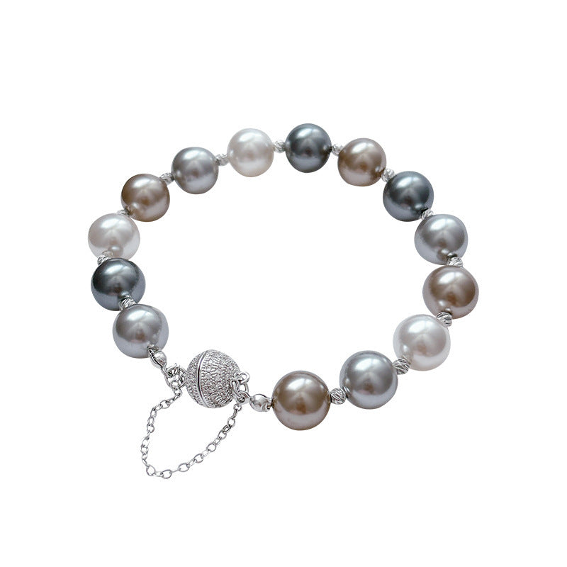 Multi-Color Tahitian Aurora Imitation Pearl Beaded Bracelet, Anti-Lost Magnetic Clasp Mixed Tone Glossy Pearl Stack Wrist Bracelet for Women Wedding Party Elegant Daily Jewelry