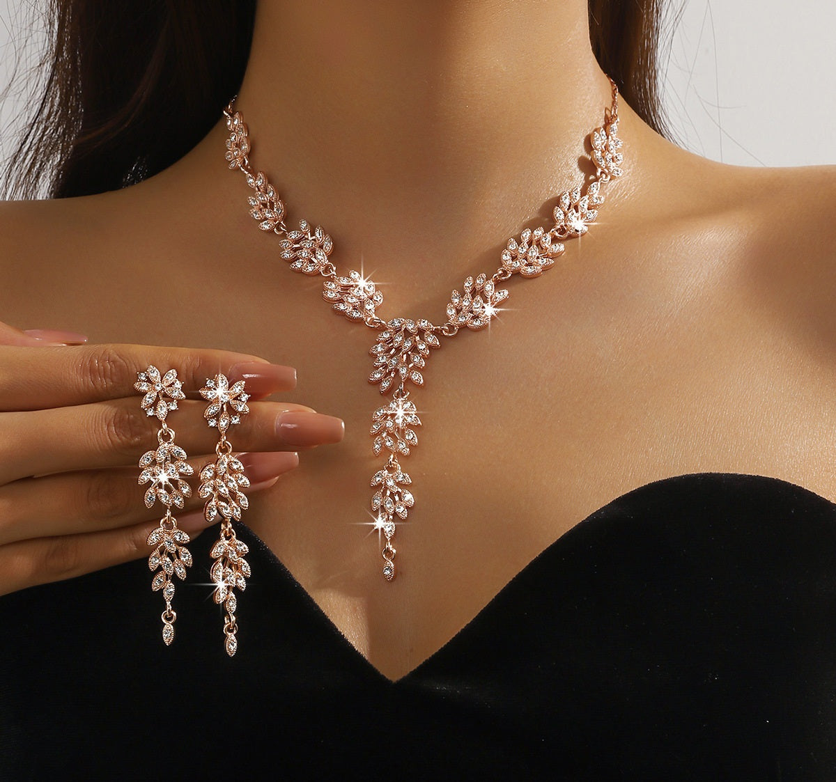 Leaf Shape Cubic Zirconia Jewelry Set | Necklace & Drop Earrings, Hypoallergenic 3 Colors