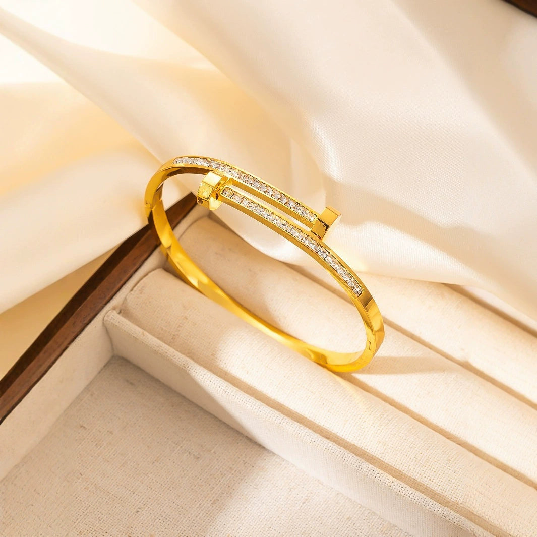 18K Gold Plated Titanium Steel Geometric Bangle Bracelet, Tarnish Resistant Cubic Zirconia Open Cuff Bracelet, Minimalist Waterproof Stackable Wrist Jewelry For Women