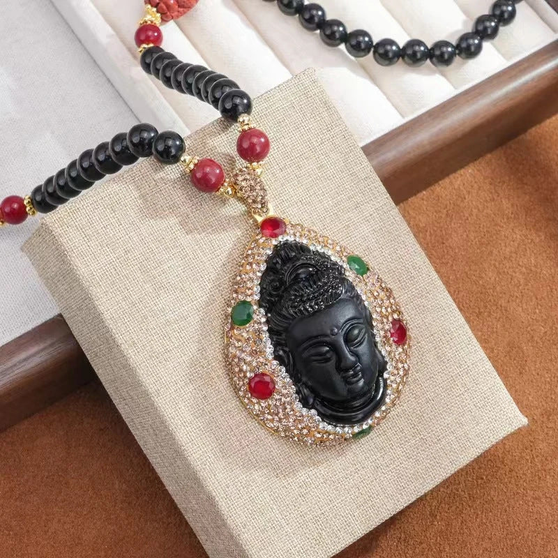 Spiritual Protection Buddha Head Charm Necklace 80cm Adjustable Extension Black Stone Beaded Chain Sparkly Rhinestone Multi-Color Gem Inlay Gold Plated Unisex Sweater Chain