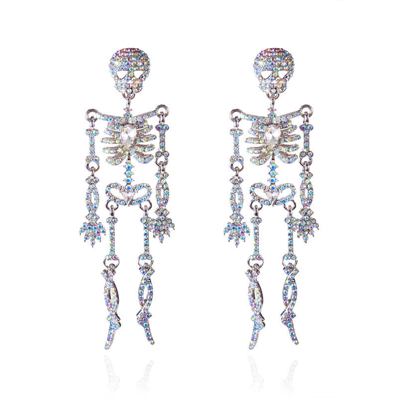 Rhinestone Skeleton Dangle Earrings, Vintage Articulated Skull Drop Earrings Gothic Halloween Party Statement Earrings For Women