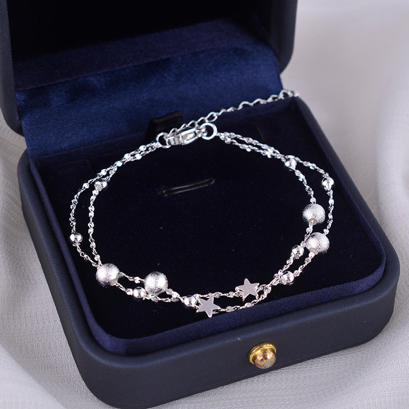 S925 Sterling Silver Double Layer Star Bracelet, Dainty Two-Strand Wrist Chain with Matte Frosted Silver Beads & Tiny Five-Pointed Star Charms Adjustable Extension Chain Minimalist Jewelry Gift for Women