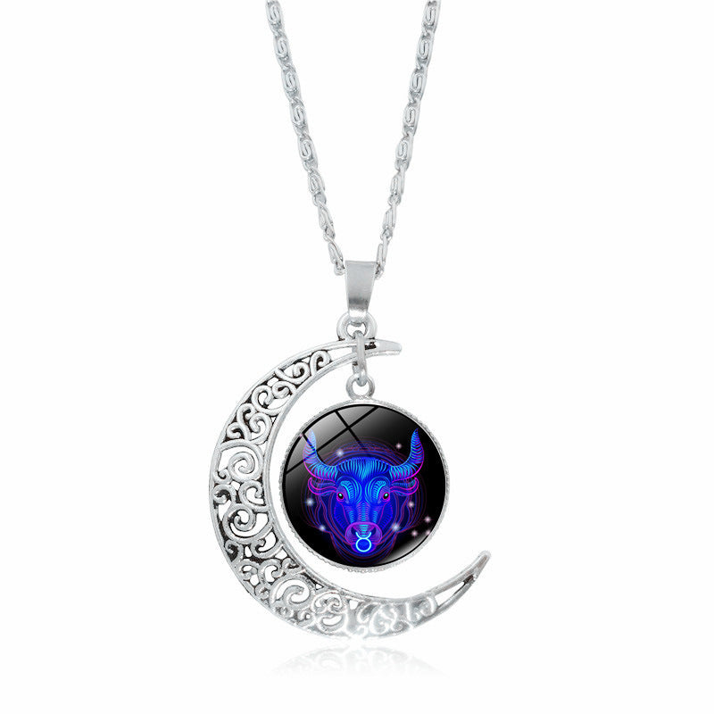 Stainless Steel 12 Constellation Crescent Moon Glass Pendant Necklace noctilucent, Zodiac Sign Time Gem Necklace for man women