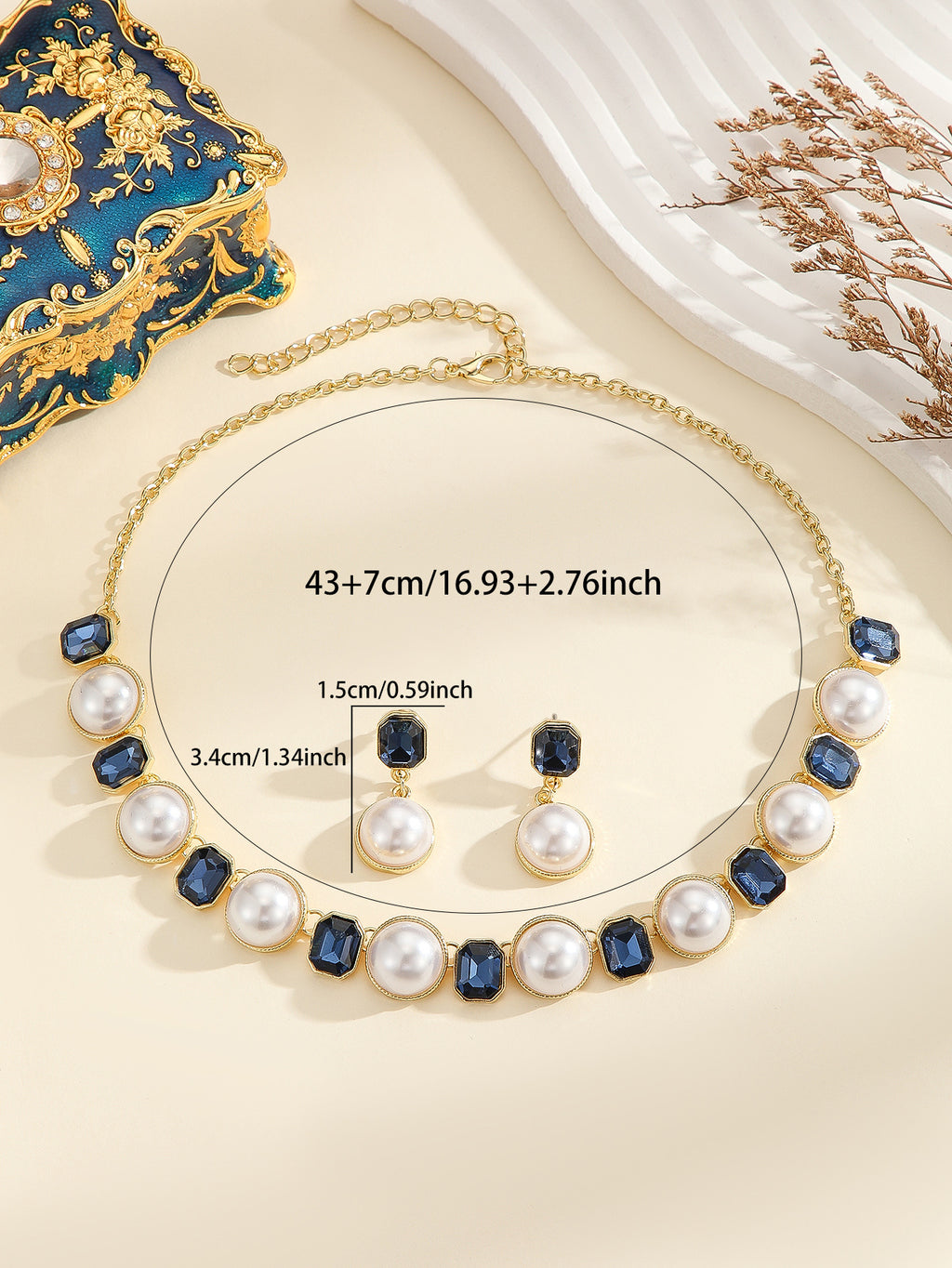 Conjunto de joyas de collar y pendientes de perlas de dos tonos y cristal octogonal vintage