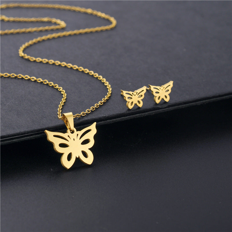 Stainless Steel Hollow Butterfly Jewelry Set Gold Silver Pendant Necklace Matching Stud Earrings Women Gift