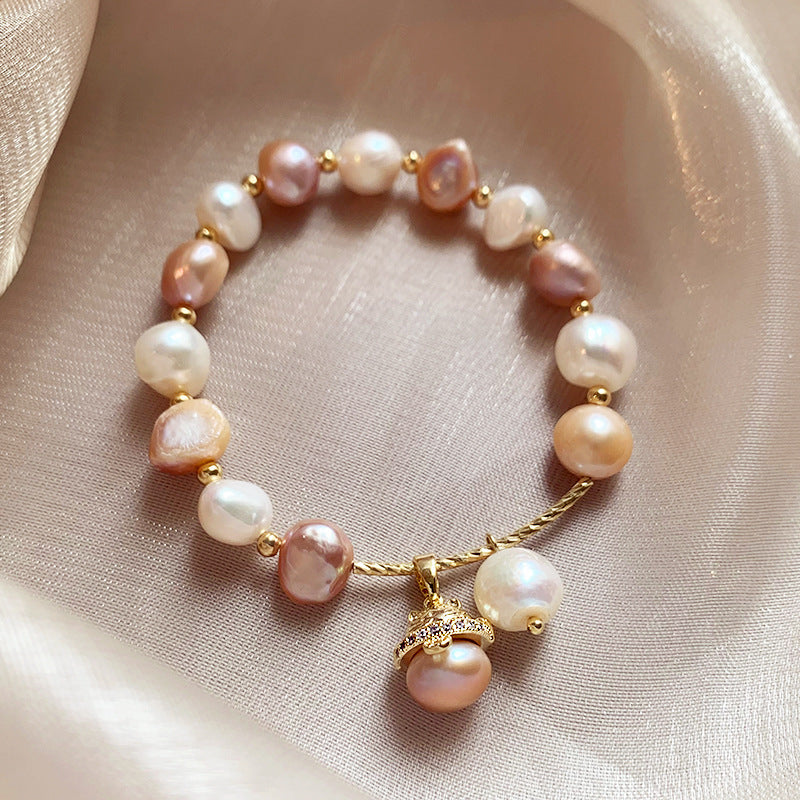 Multicolor Baroque Freshwater Pearl Stretch Bracelet, Irregular Pastel Pink White Pearl Beaded Wrist Bracelet with Paved Crystal Pearl Charm for Women Daily Bridal Wear