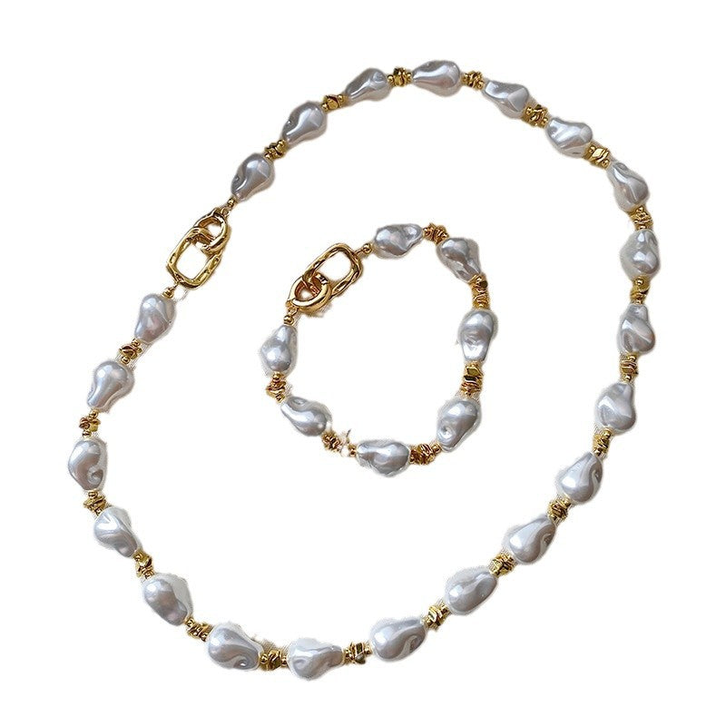 Vintage French Irregular Baroque Faux Pearl Jewelry Set, Chunky Baroque Pearl Choker Necklace & Stackable Bracelet, Gold Plated Toggle Clasp Elegant Bridal Daily Layering Jewelry Gift For Women