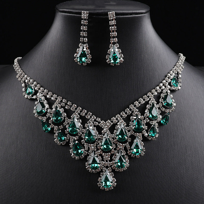 Teardrop Crystal Fringe Necklace Earring Jewelry Set, Formal Pageant Statement Jewelry