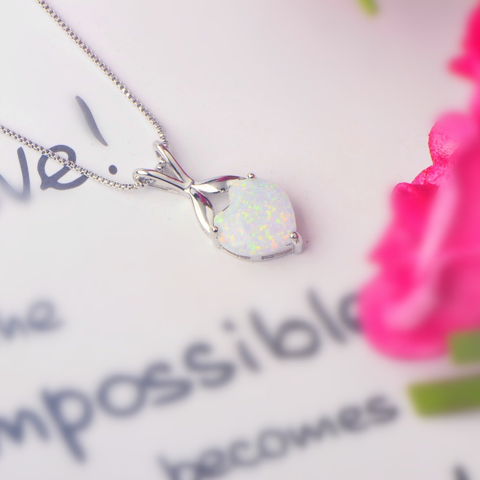 White Gold Plated Heart Opal Pendant Necklace