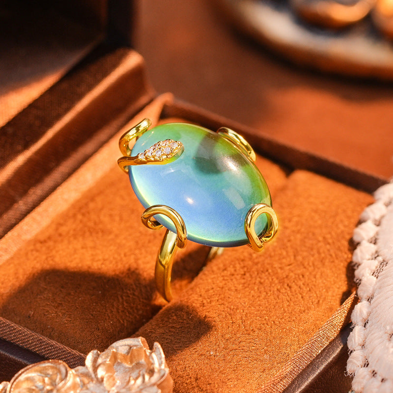 Thermochromic Temperature Sensitive Color Shift Gem Jewelry Kit Oval Mood Stone Drop Earring Adjustable Band Ring Chain Necklace