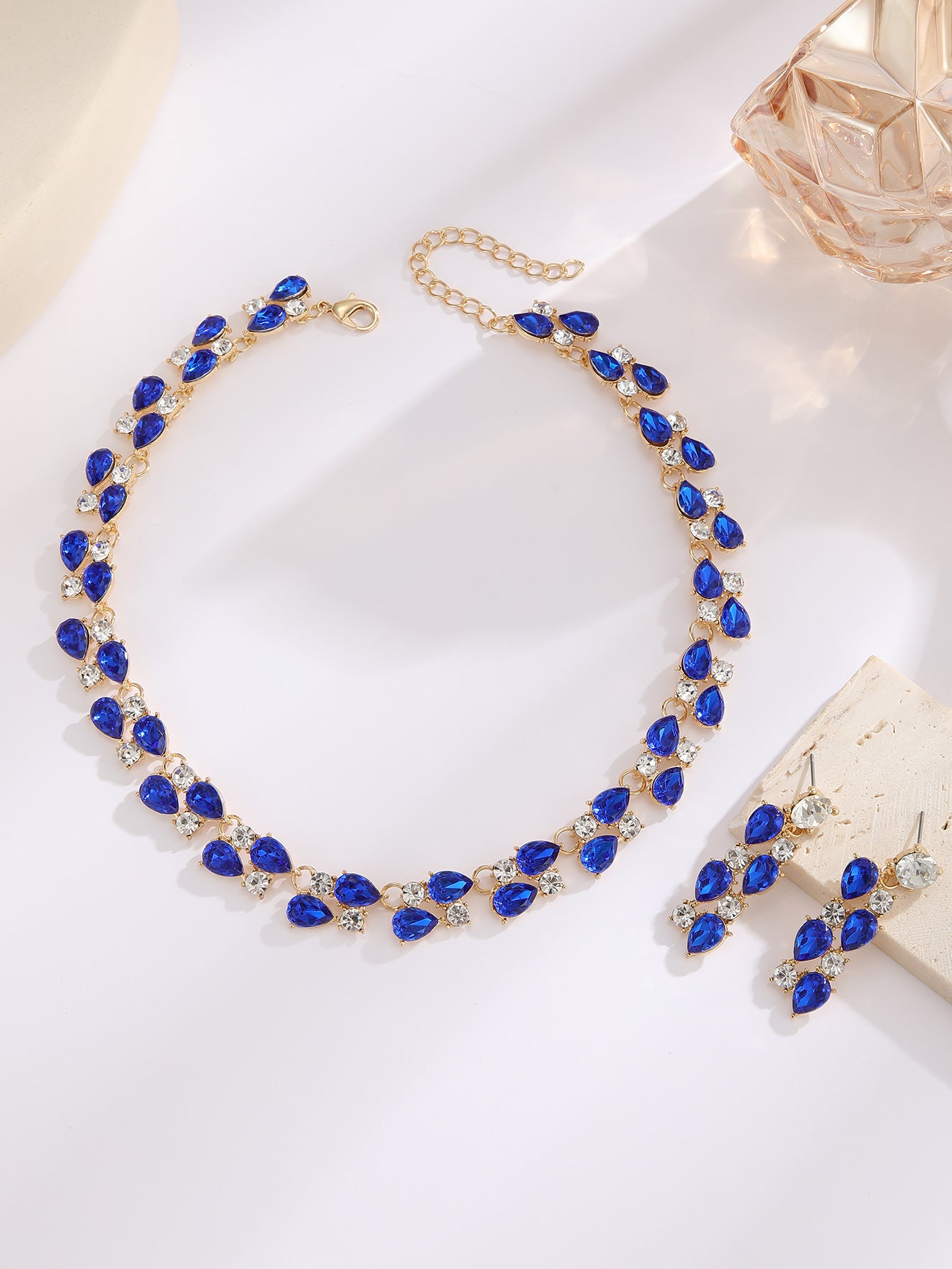 Teardrop Sapphire/Emerald Crystal Necklace & Drop Earring Formal Jewelry Set