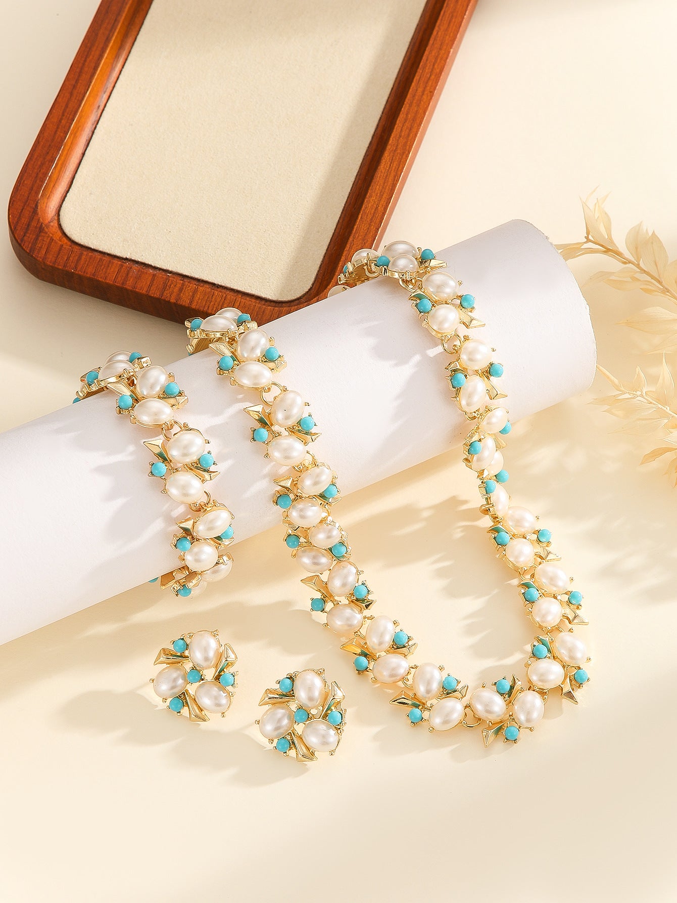 Gold Plated Imitation Pearl & Turquoise Crystal 3Pcs Jewelry Set, Anti-allergy Necklace+Bracelet+Earrings for Wedding Party