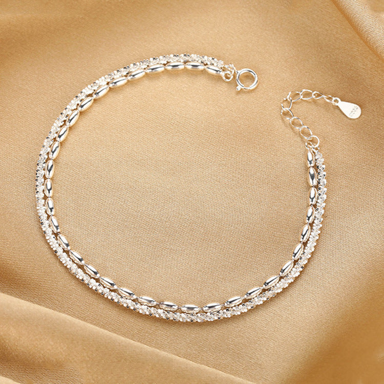 S925 Sterling Silver Double Layer Bracelet, Sparkling Starry Sky Rice Bead Two-Strand Dainty Stack Wrist Chain with Adjustable Extension Chain for Women Minimalist Daily Jewelry