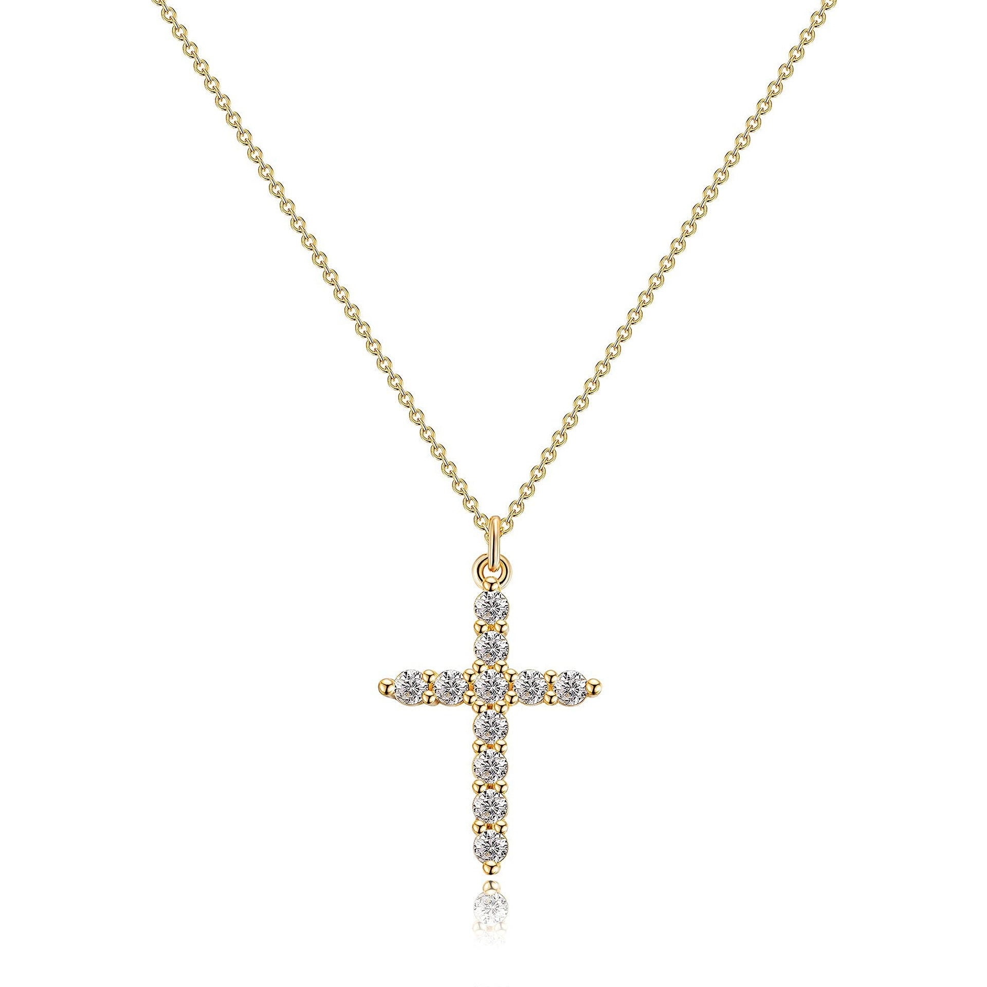 18K Gold Plated Rotatable Crown Cross Pendant Necklace, Stainless Steel Full Paved Cubic Zirconia Adjustable Chain 45+5cm