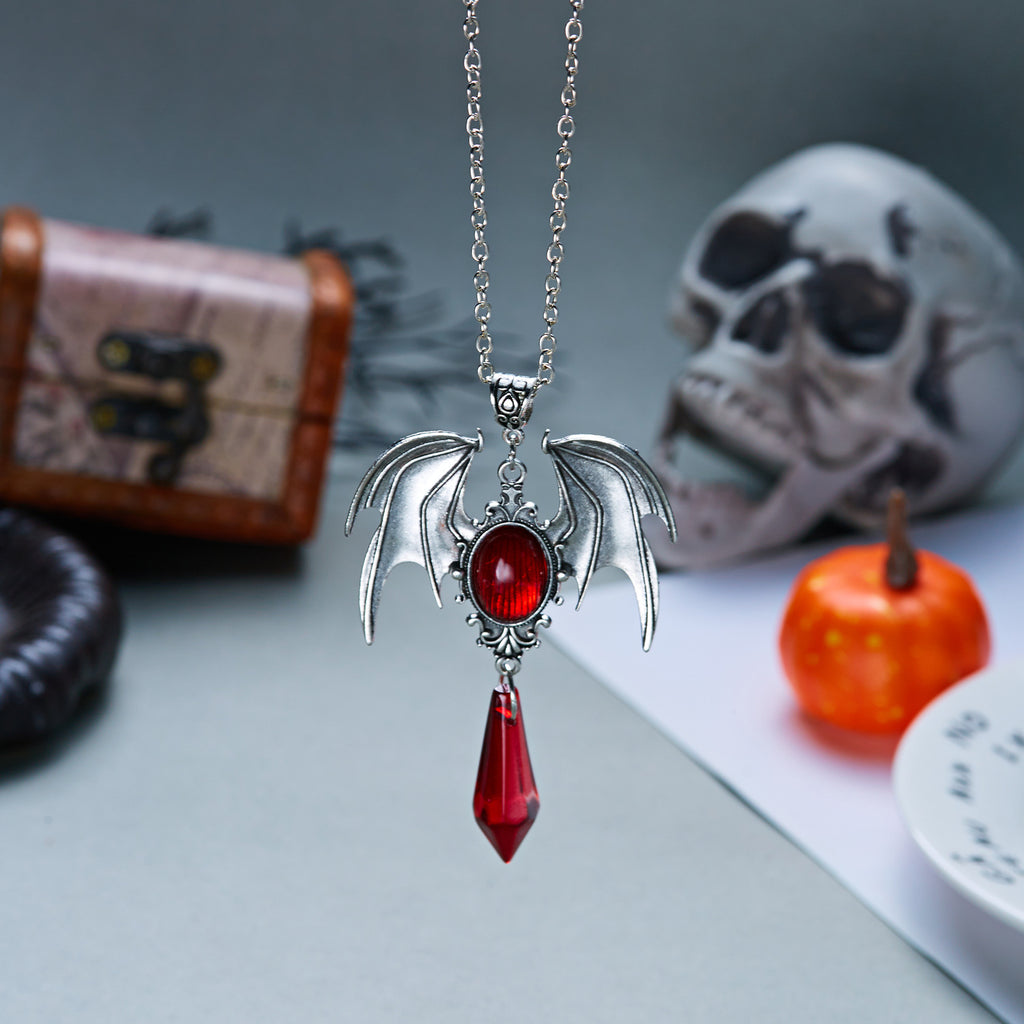 Vintage Gothic Bat Wing Jewelry Set, Halloween Crystal Pendant Necklace & Dangle Earrings Set Dark Punk Demon Wing Matching Jewelry For Women