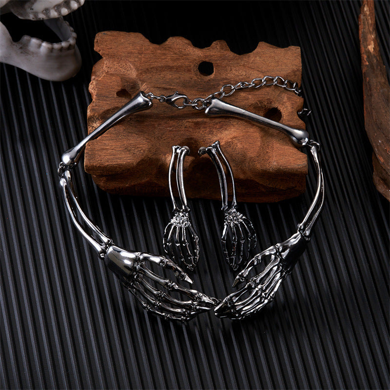 Gothic Skeleton Hand Jewelry Set, Vintage Skull Bone Choker Necklace & Drop Earrings Set Halloween Punk Statement Jewelry For Women