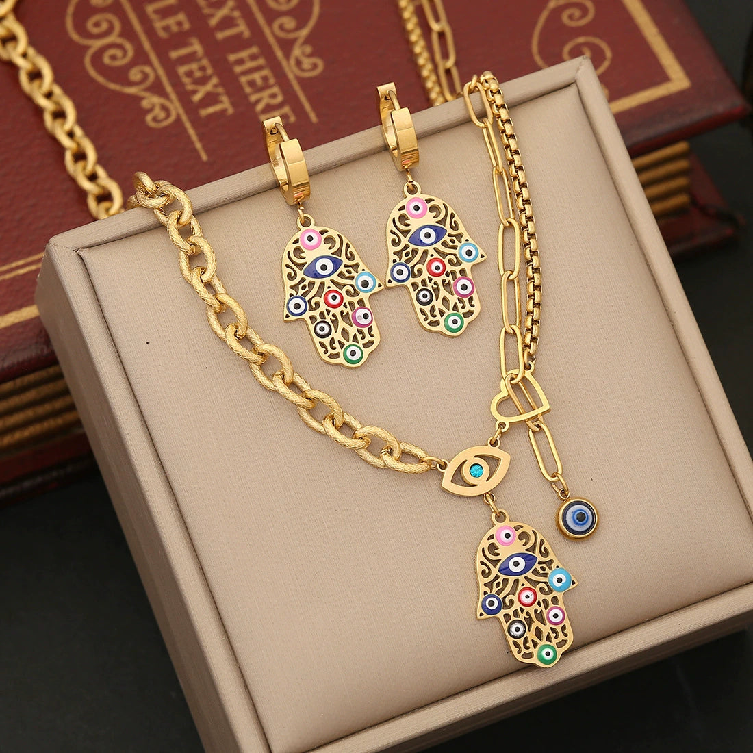 Boho Colorful Enamel Hamsa Hand Evil Eye Pendant Necklace, 18K Gold Plated Stainless Steel Chunky Link Chain Protection Charm Necklace For Women