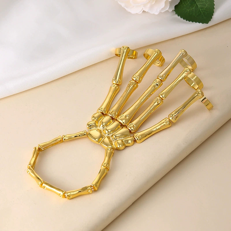 Gothic Punk Skeleton Hand Bone Finger Rings Bracelet, Adjustable Skull Hand Slave Bracelet, Halloween Cosplay Accessory