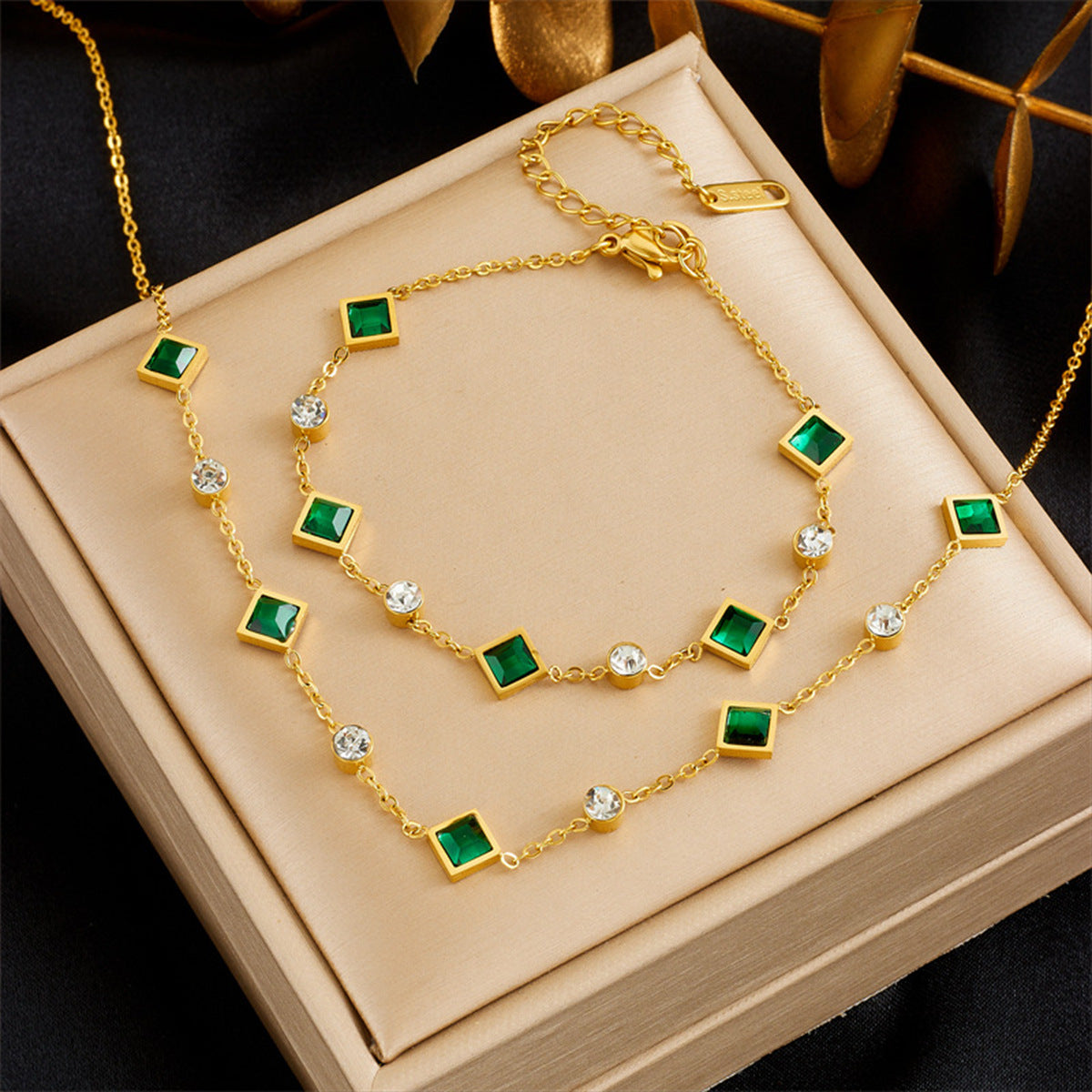 18K Gold Plated Stainless Steel Square Simulated Emerald Crystal 2Pcs Jewelry Set, Tarnish Resistant Dainty Clavicle Necklace & Adjustable Bracelet Set For Women