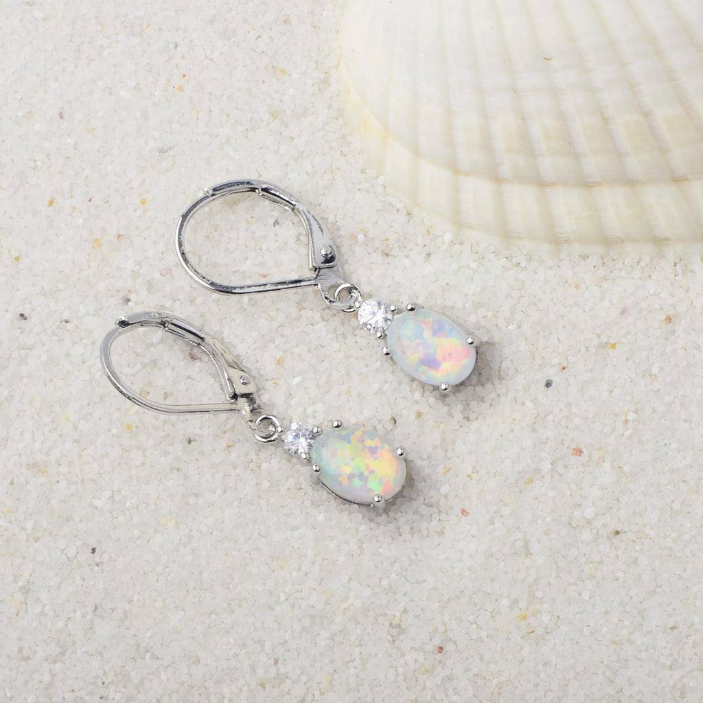 Oval Opal Leverback Drop Earrings, Silver & Rose Gold Plated