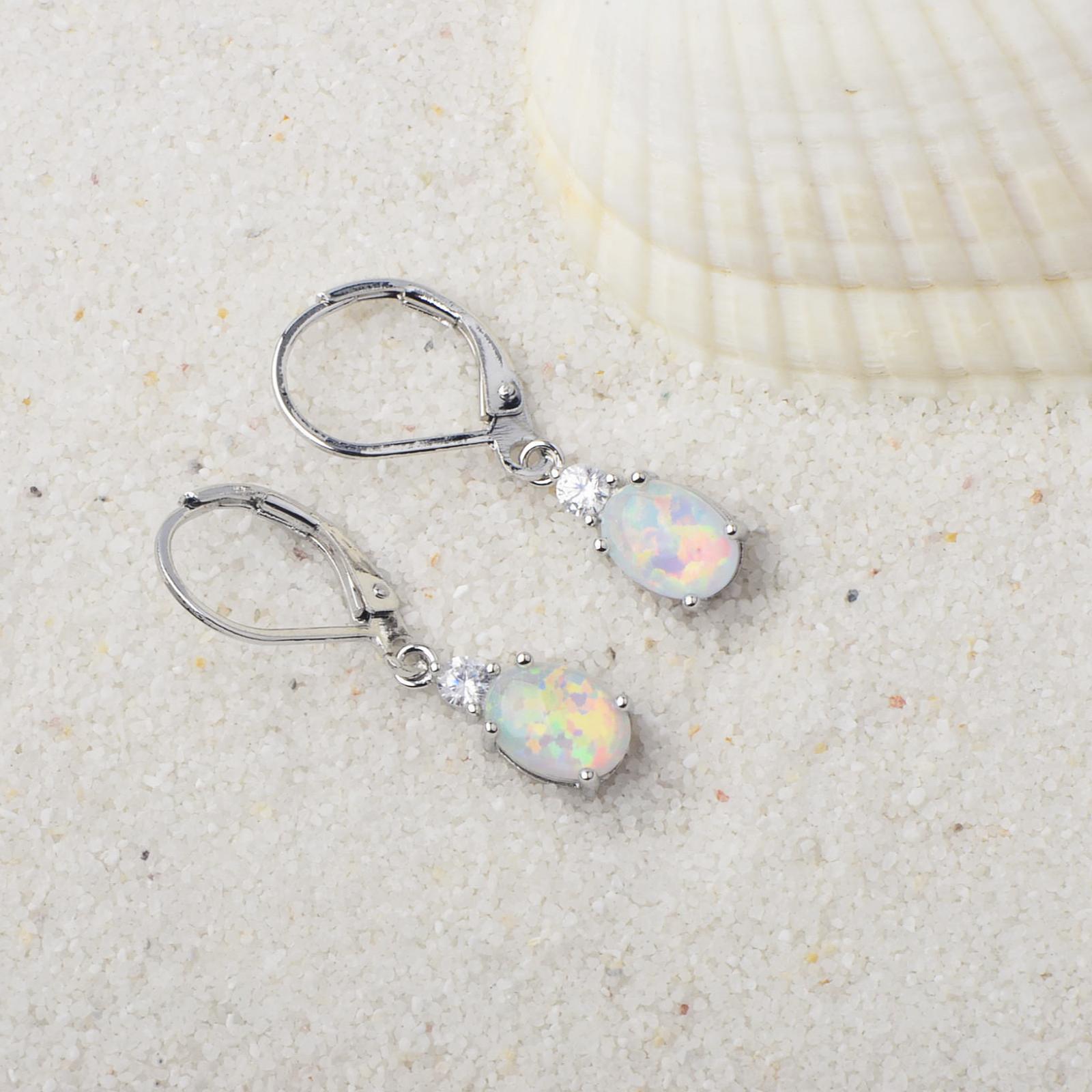 Oval Opal Leverback Drop Earrings, Silver & Rose Gold Plated