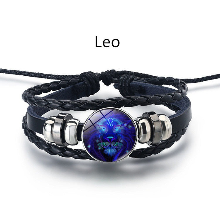 12 Constellation Luminous Braided Leather Bracelet, Adjustable Zodiac Sign Glow In The Dark Wristband For Men Women