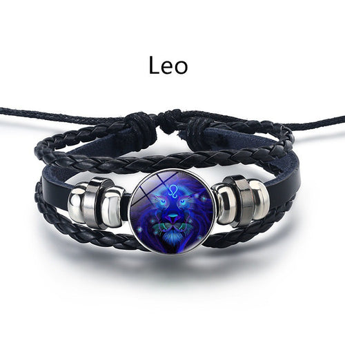 12 Constellation Luminous Braided Leather Bracelet, Adjustable Zodiac Sign Glow In The Dark Wristband For Men Women