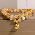 Natural Yellow Rutilated Quartz Double Wrap Bracelet 36 cm, Golden Tiger Eye Beaded Bracelet with Golden Fu Lock Charm, Wealth Luck Healing Crystal Bracelet for Women, Lucky Chinese Style Jewelry Gift