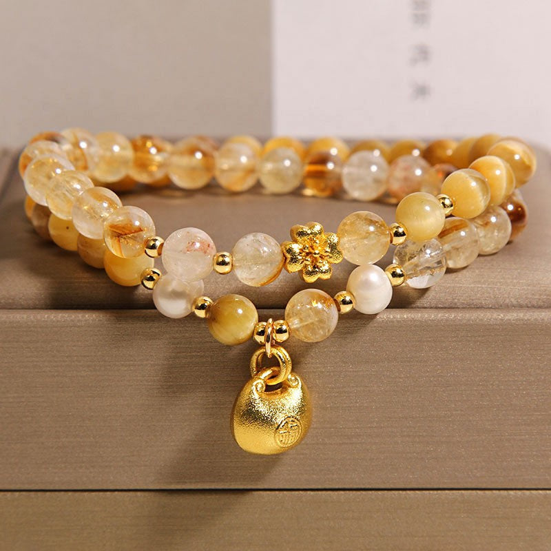 Natural Yellow Rutilated Quartz Double Wrap Bracelet 36 cm, Golden Tiger Eye Beaded Bracelet with Golden Fu Lock Charm, Wealth Luck Healing Crystal Bracelet for Women, Lucky Chinese Style Jewelry Gift